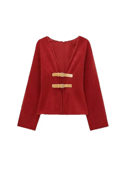 Women Fashion With Belt Woolen Jacket Coat V Neck Long Sleeve Female Outerwear Chic Tops.