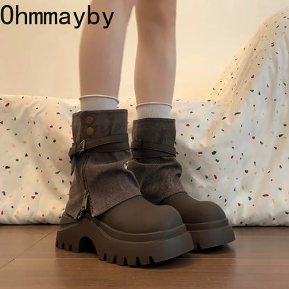 Winter Punk Style Women Ankle Boots Fashion Belt Buckle Shoes Ladies Concise Chunky Platform Heel Short Booties Zapatos De Mujer.