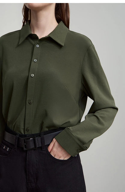 AMII Office Lady Shirt 2025 Autumn New Minimalism thick Long Sleeves Blouse Elastic Cotton Lapel Women's Clothing 12553079