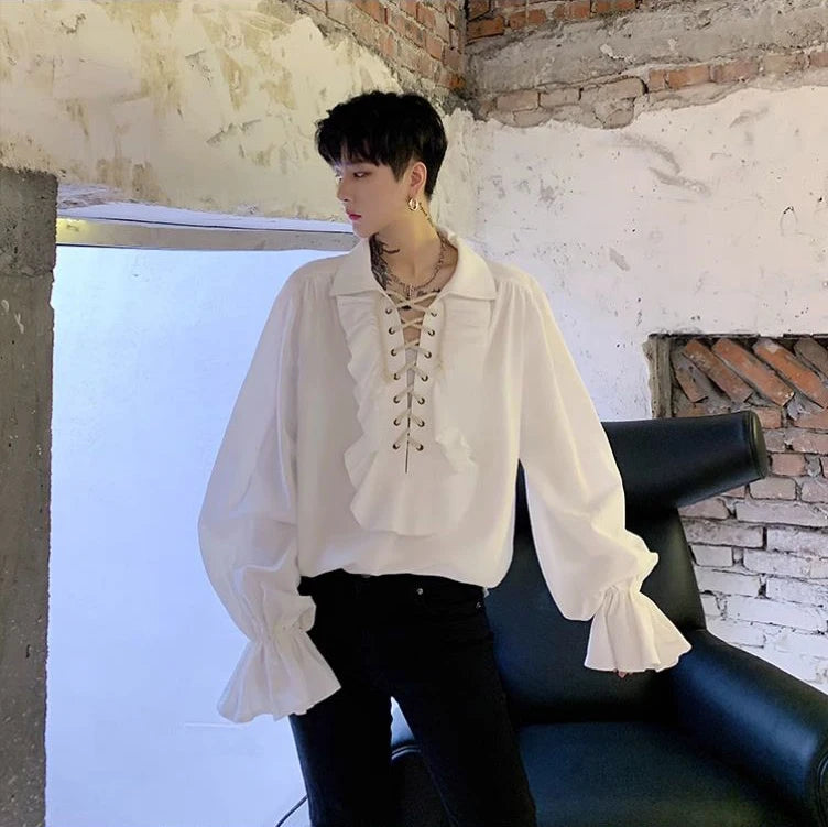 Pirate Shirt for Men Vintage Gothic Renaissance Style Frilled Lace-Up Medieval Buccaneer Blouse Top for All Seasons