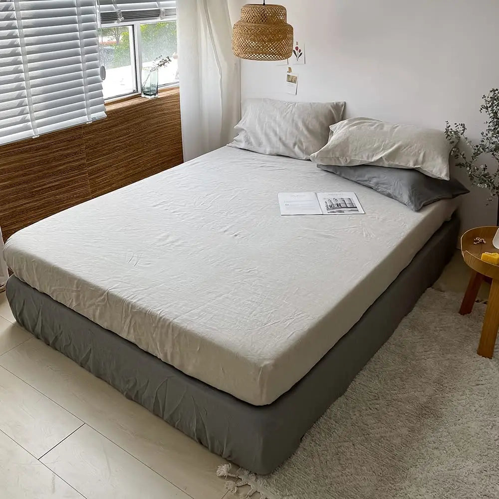 Pure Linen Fitted Sheet 35cm Deep Pocket Bed Mattress Cover Solid Color Non-slip Fixed Sheet Cover Dust Protective Bedspread.