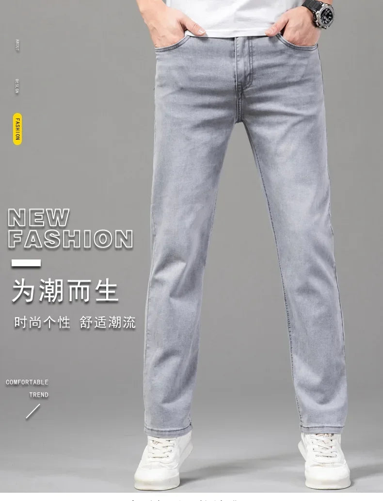 Summer Thin Men's Elastic Cotton Jeans Fashion Gray Comfortable Business Straight Casual Pants Brand Male Clothes Trousers.