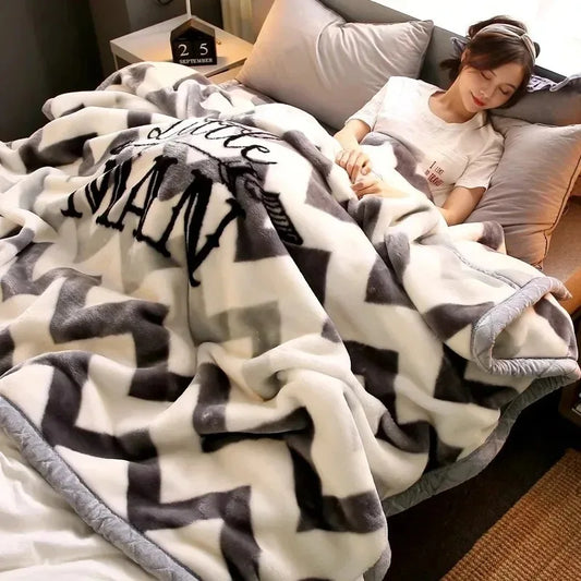 Modern Geometric Cartoon Printed Bedroom Blanket Coral Fleece Dormitory Quilt Thicking Double Layer Multi Purpose Bedding Sheets.