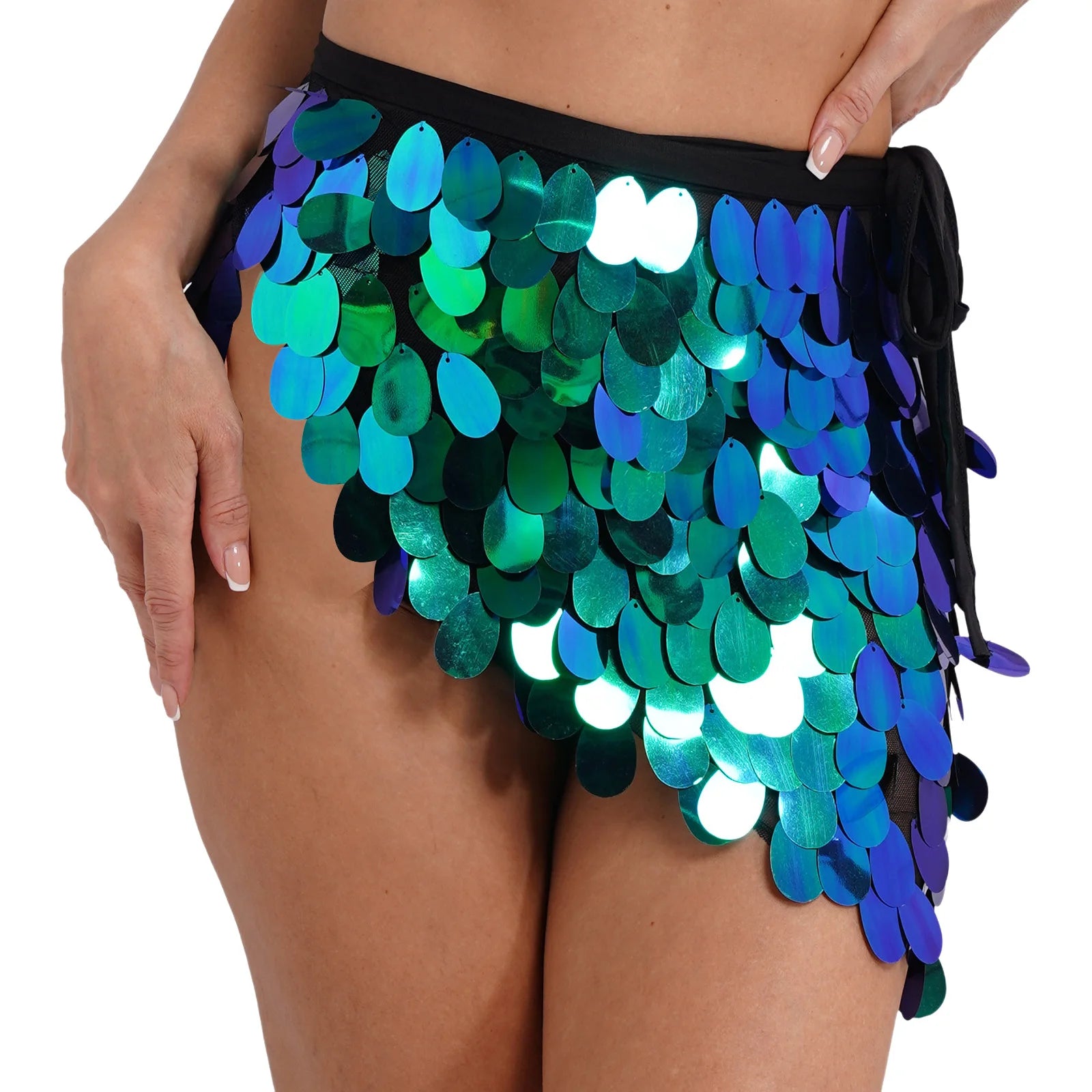 Womens Sequins Dance Skirt Lace-Up Mermaid Hip Scarf Wrap Long Belly Dance Hip Skirt Festival Dance Stage Performance Costumes.