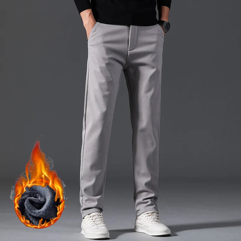 Winter Casual Men Classic Style Business Warm Plush Trousers Regular Thick Fur Pants Male Fleece Elastic Straight Formal Pants.