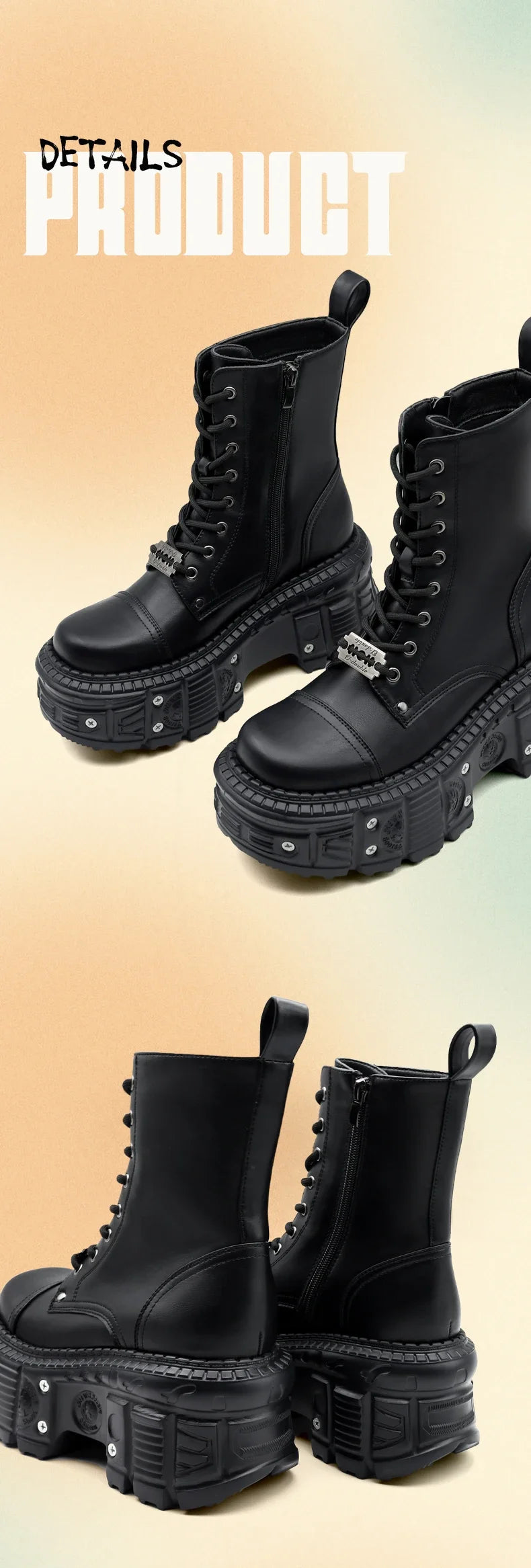2025 New Punk Women Platform Ankle Boots Female's Rock Round Toe Lace Up Fashion Retro Chunky Shoes Metal Decor Short Boots.