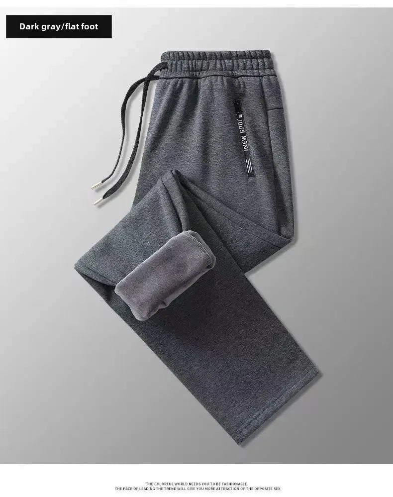Autumn Winter Men's Loose-fit Casual Straight-leg Pants Fleece-lined Thickened Bunded Feet Sweatpants Trendy Male Style.