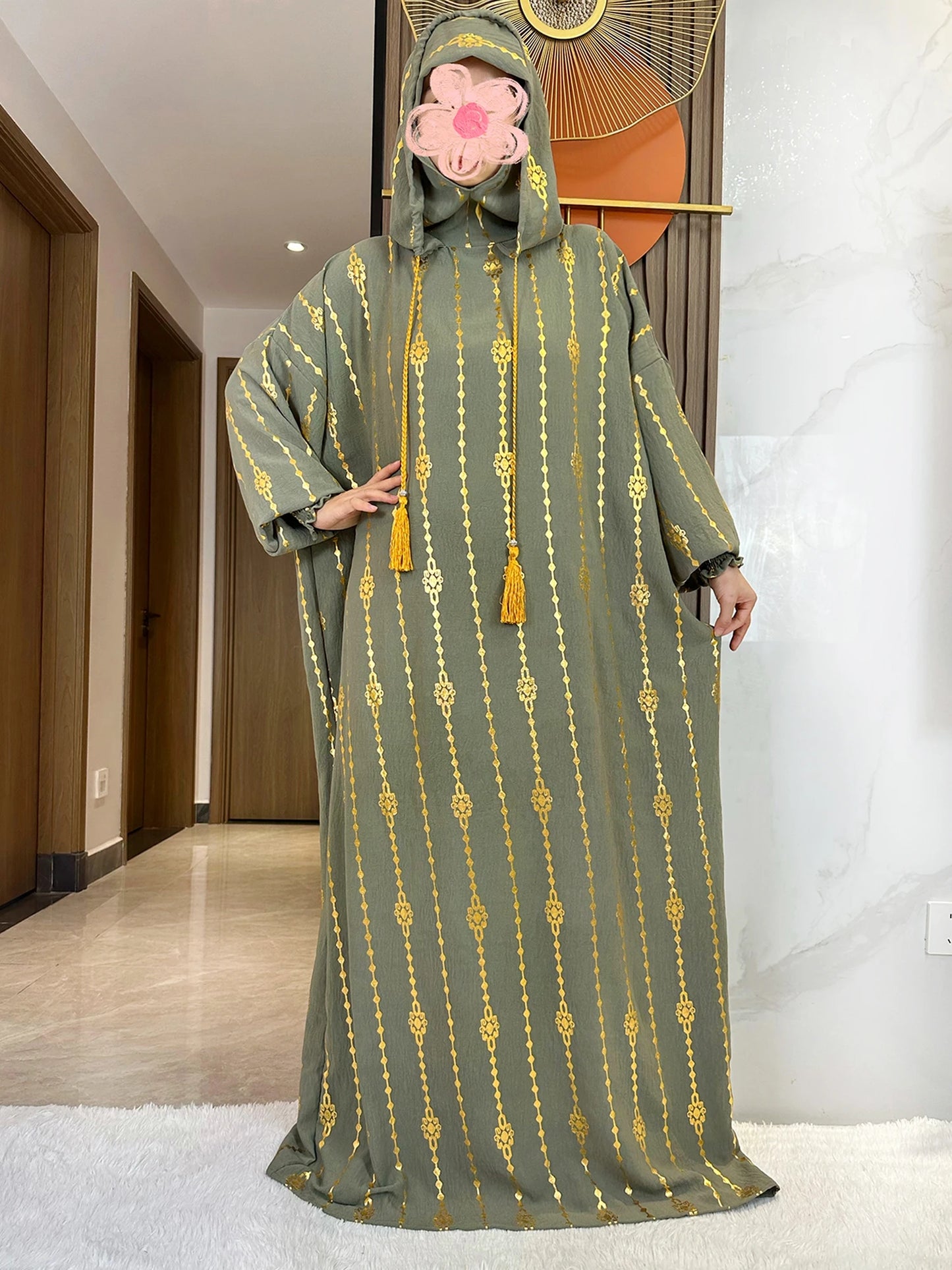 New Cotton Ramadan Muslim Two-Hat Abaya Dubai Turkey Islam Prayer Clothes Gold Dust   Dress Islam Women Dress Kaftan