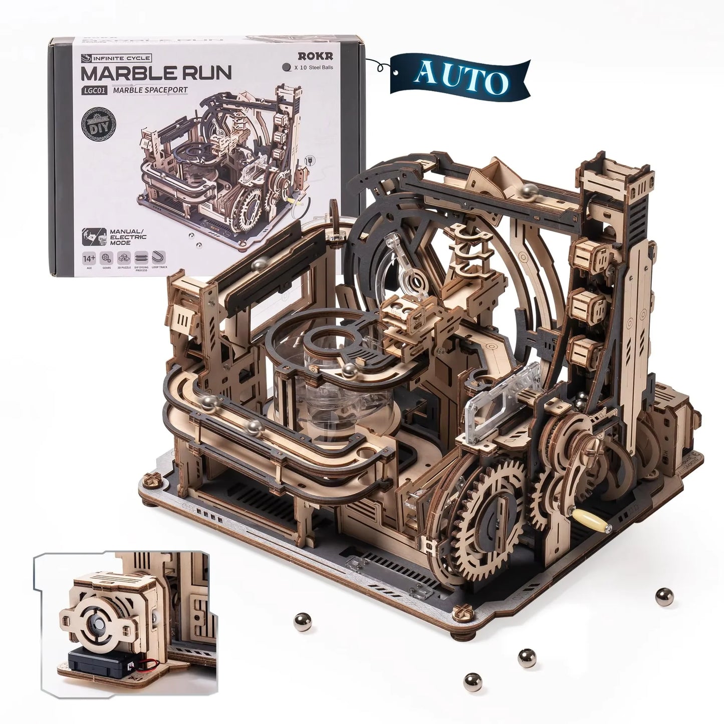 ROBOTIME Rokr Electric Marble Run with Light 3D Puzzle Toys Marble Spaceport Gifts for Kids Children Connect With Night City.