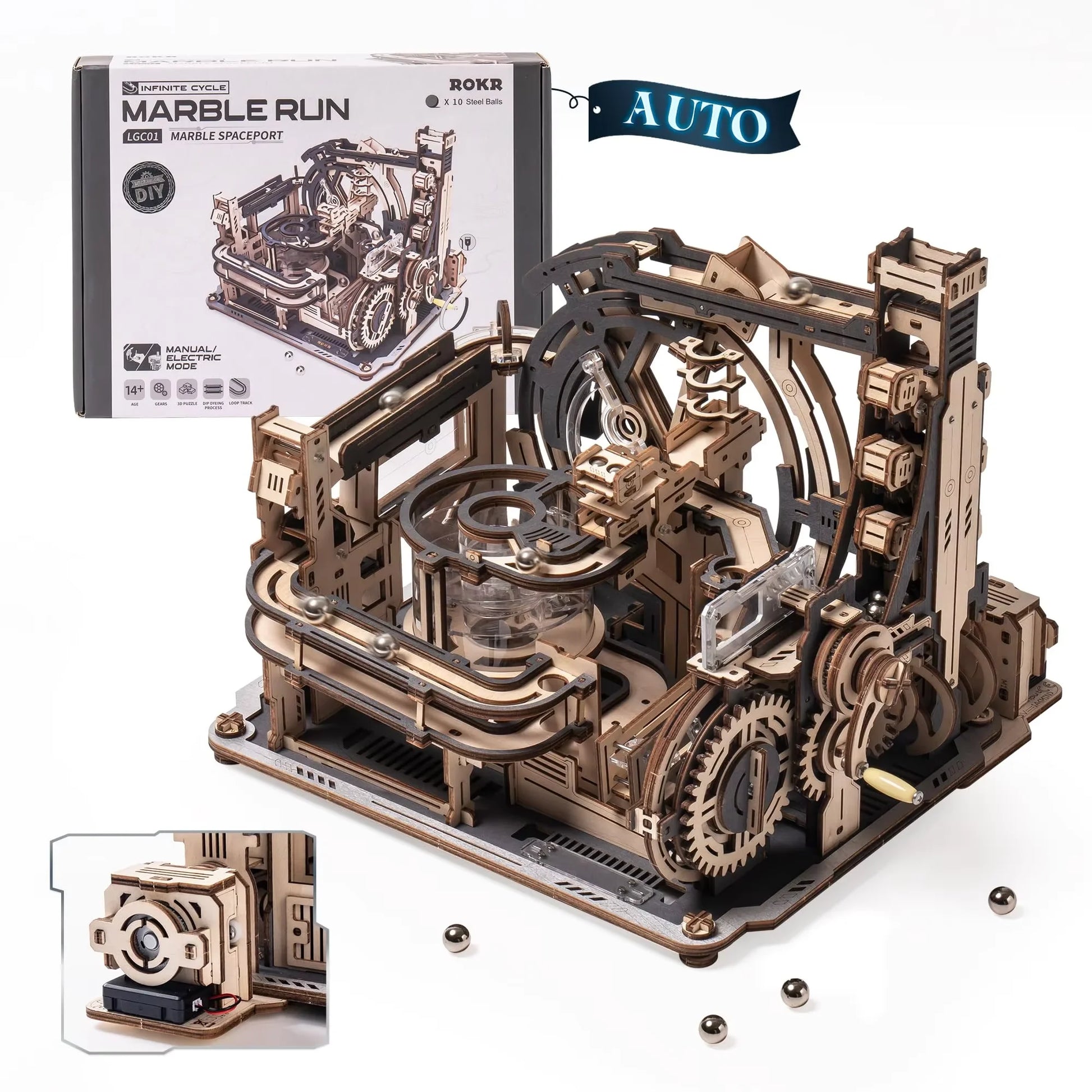 ROBOTIME Rokr Electric Marble Run with Light 3D Puzzle Toys Marble Spaceport Gifts for Kids Children Connect With Night City.