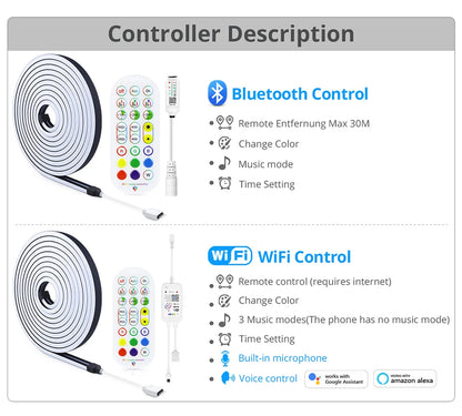 Tuya Smart WiFi LED Neon Light Strip 12V Black Silica Gel Tube RGB Bluetooth APP Neon Lamp Tape For Home Room Christmas Decor.