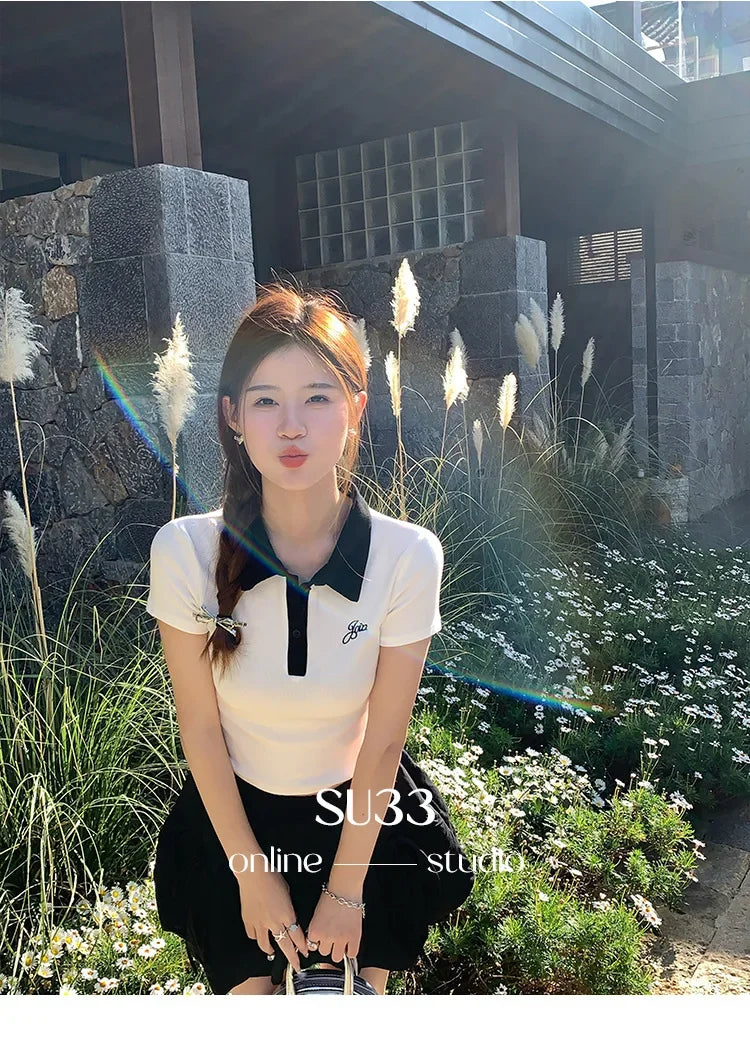 Women's Slim Fit Short Sleeve Polo Shirt Summer New Color Collision Design Red T-Shirt Top Fashionable Casual Business Wear