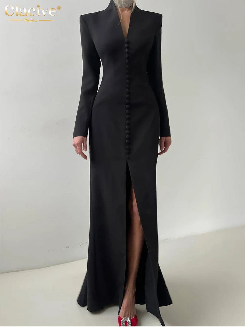 Clacive Sexy schlankes weißes Damenkleid 2025, modisches V-Ausschnitt, lange Ärmel, knöchellanges Kleid, elegantes, klassisches, geschlitztes Damenkleid.