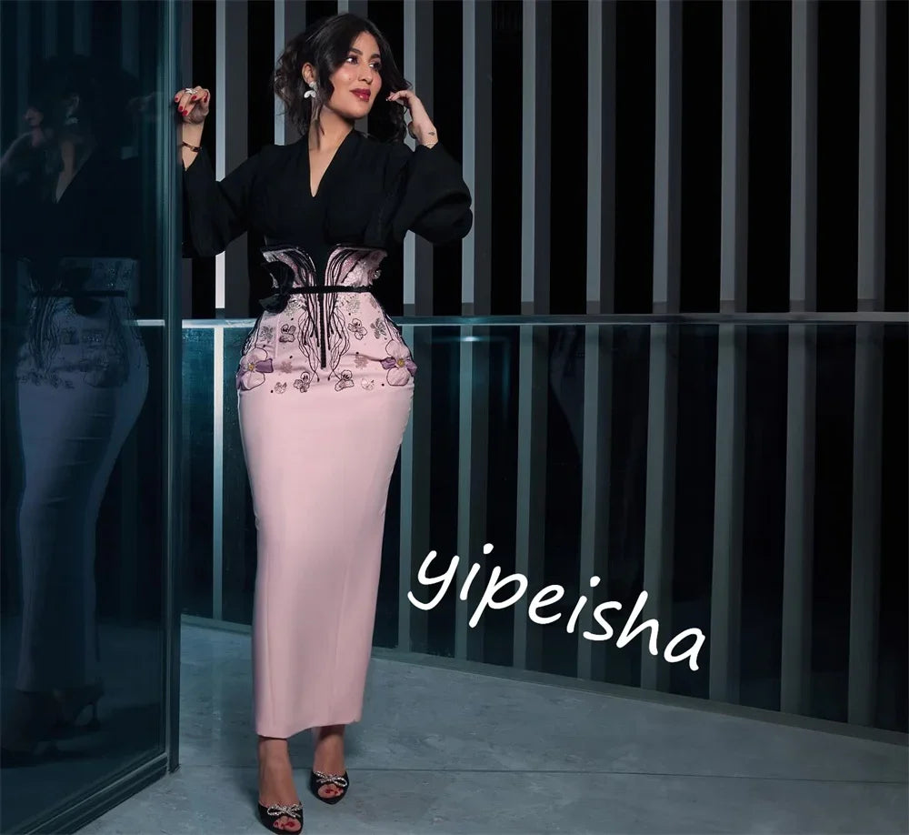 Maßgeschneidertes, hochwertiges, glitzerndes, exquisites Jersey-Applikations-Cocktailparty-Etui mit V-Ausschnitt, maßgeschneidertes Anlasskleid, Midi-Kleider, Elegan.