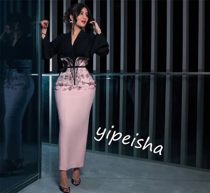 Maßgeschneidertes, hochwertiges, glitzerndes, exquisites Jersey-Applikations-Cocktailparty-Etui mit V-Ausschnitt, maßgeschneidertes Anlasskleid, Midi-Kleider, Elegan.