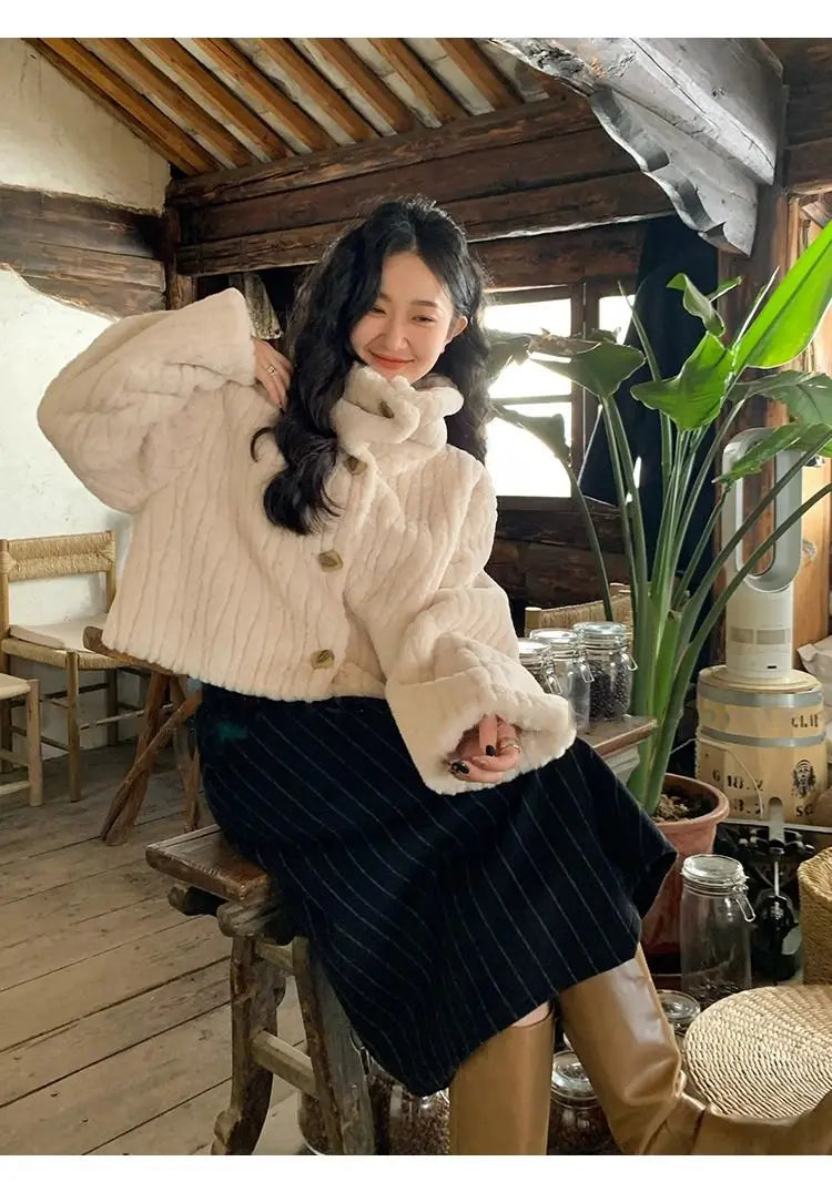 2025 Winter Fashion Stand Collar Warm Plush Short Jacket Women Autumn Retro Street Thickened Loose Harajuku Casual Short Jacket