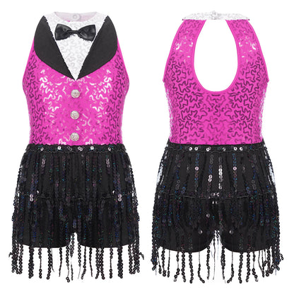 Kind Mädchen Ärmellose Glänzende Pailletten Quaste Boyshorts Kleid Latin Jazz Dance Cha-cha Samba Bühne Leistung Kostüm Dancewear