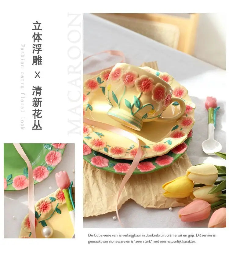 Flower Plate Embossed Small Flower Breakfast Dessert Plate Household Ceramic Plate Under Glaze Colored Hand-painted Tableware.