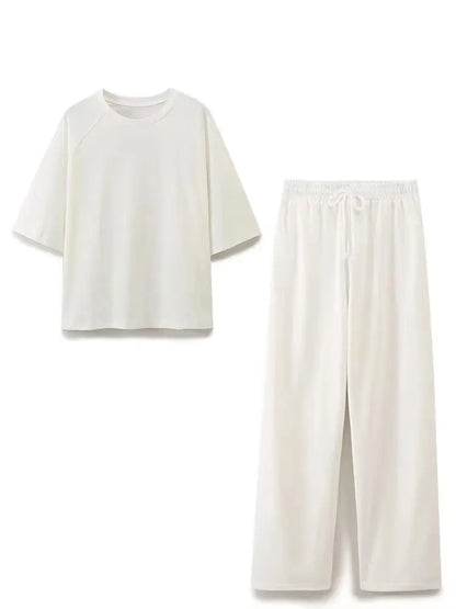 HH Women Casual Sport Pant Suit Vintage Solid Short Sleeve O Neck T-Shirt + Drawstring Jogging Pants Woman Commuting Sets.