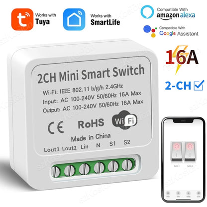 16A Tuya WiFi Smart Switch Modul Smart Home 2CH MiNi DIY Licht Breaker Timer Sprachsteuerung Funktioniert mit Alexa Google Hause.