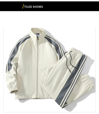 Sports suit men's  spring and autumn striped stand up collar jacket and pants paired with running and fitness two-piece set.