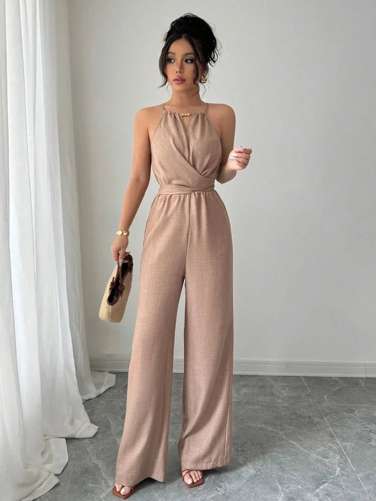 Woman Jumpsuits Elegant Summer Fold Off Shoulder Beads Jumpsuits Fashionable Slim Fit Belt Button High Waist Wide Legs Jumpsuits.