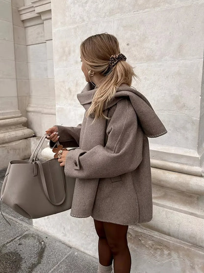 Women Fashion Brown Scarf Coat Jacket Loose Long Sleeve Single Breasted Pocket Jacket Fall/Winter Casual Wool Blend Jacket.