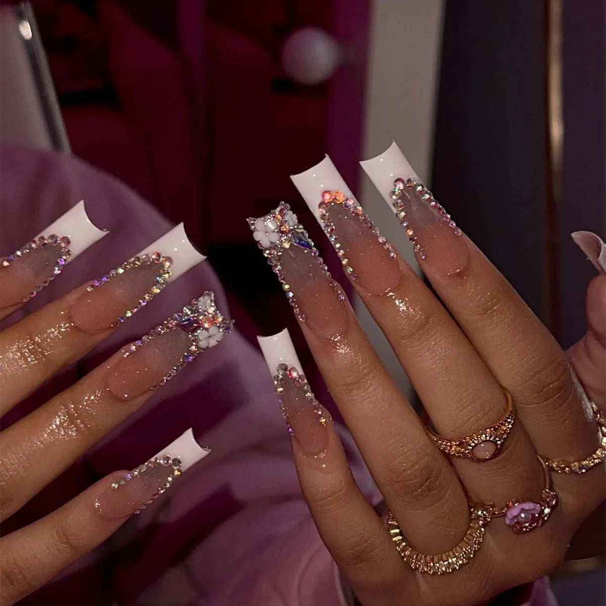 Rhinestone Glitter Powder White French Long Ballet Fake Nails Fashion Detachable Finished False Nails Press on Nails with Glue.