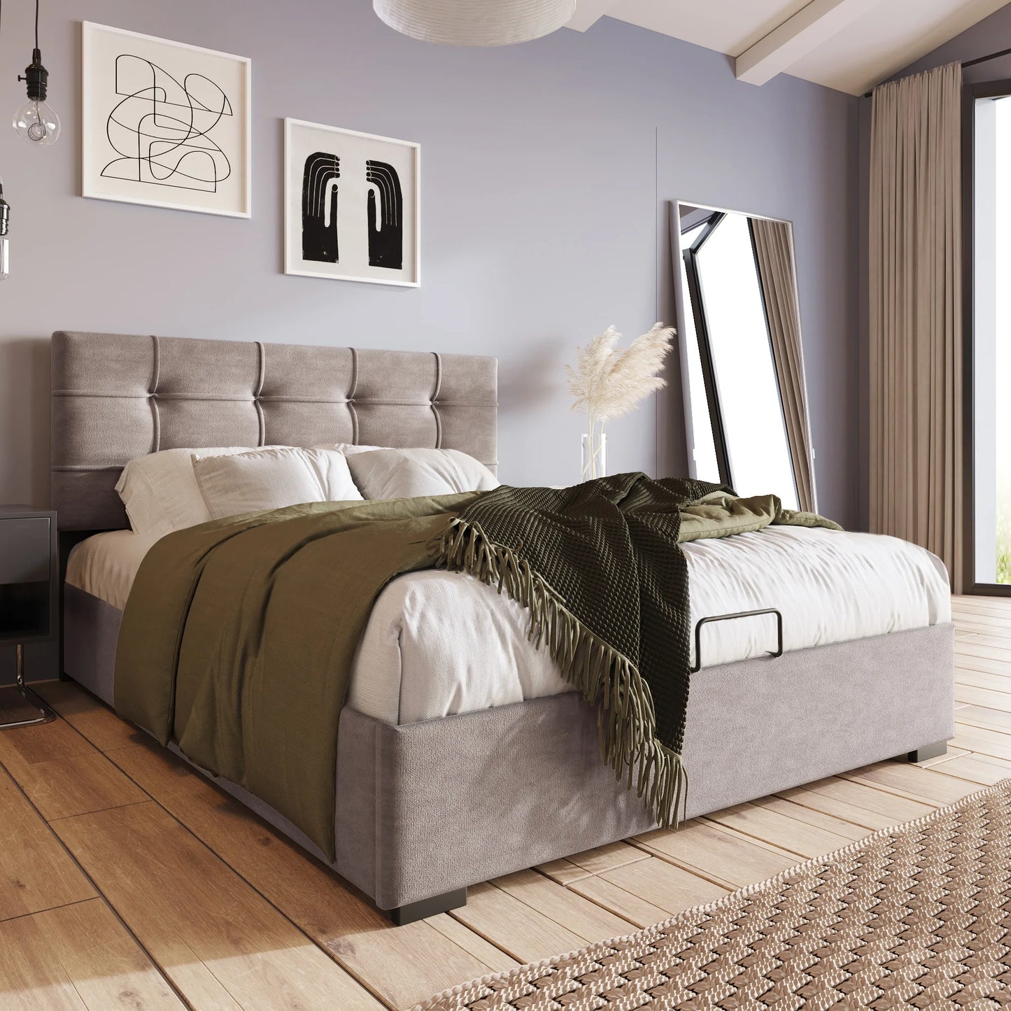 KOMHTOM Hydraulisch Polsterbett Hellgrau - Verstellbares Kopfteil, Metallrahmen-Lattenrost, mit Stauraum, Samtbezug