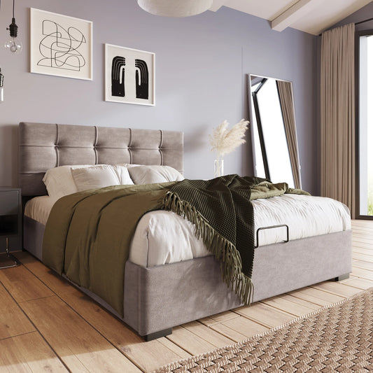 KOMHTOM Hydraulisch Polsterbett Hellgrau - Verstellbares Kopfteil, Metallrahmen-Lattenrost, mit Stauraum, Samtbezug