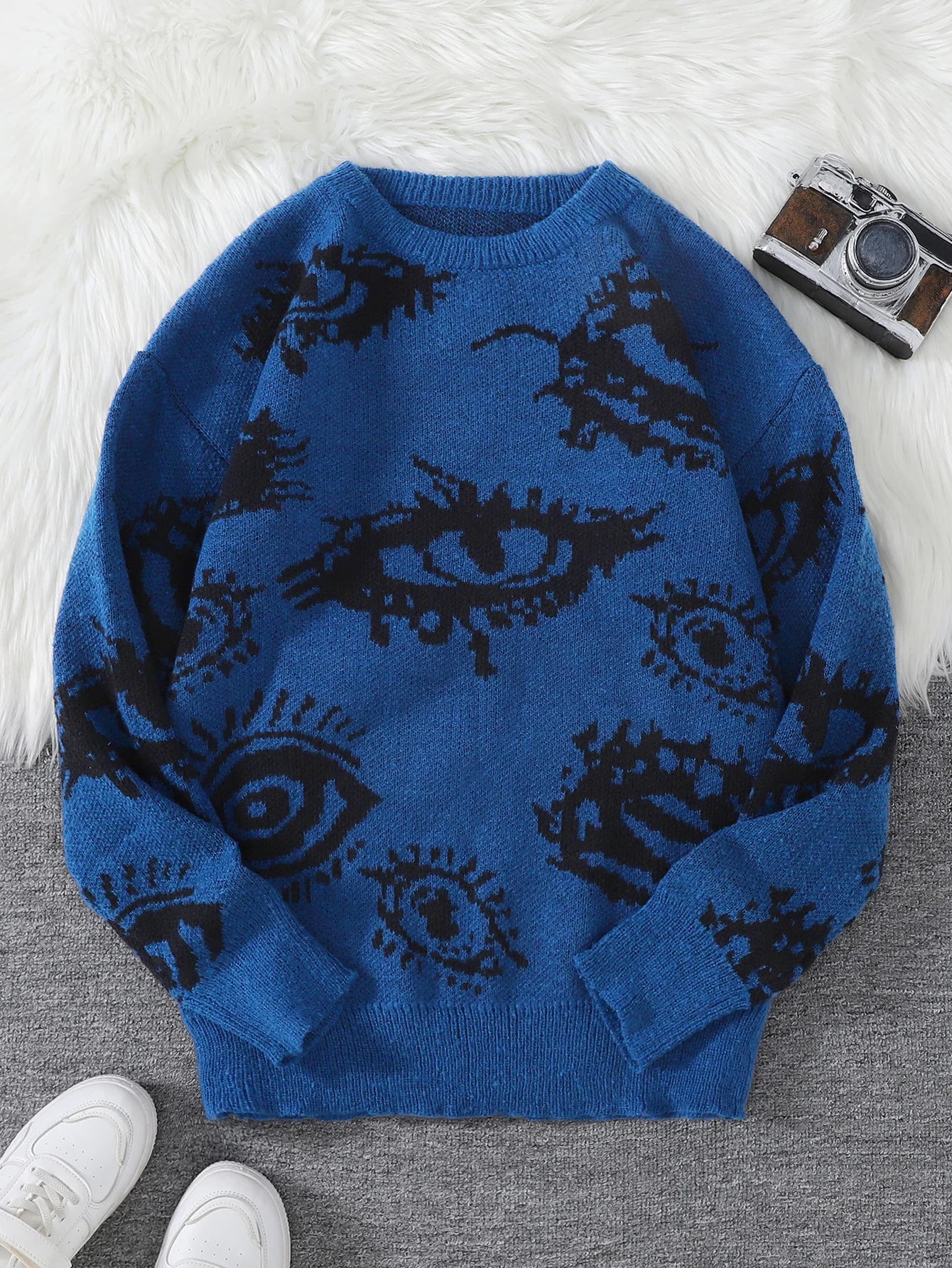 New Popular Autumn and Winter Abstract Eye Jacquard Pattern Pullover Sweater Casual Round Neck Knitted Men's Pullover.