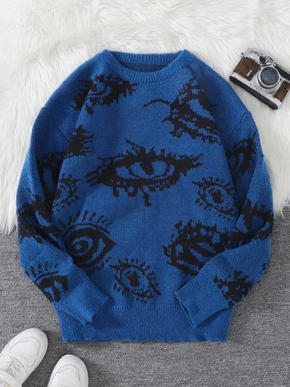 New Popular Autumn and Winter Abstract Eye Jacquard Pattern Pullover Sweater Casual Round Neck Knitted Men's Pullover.