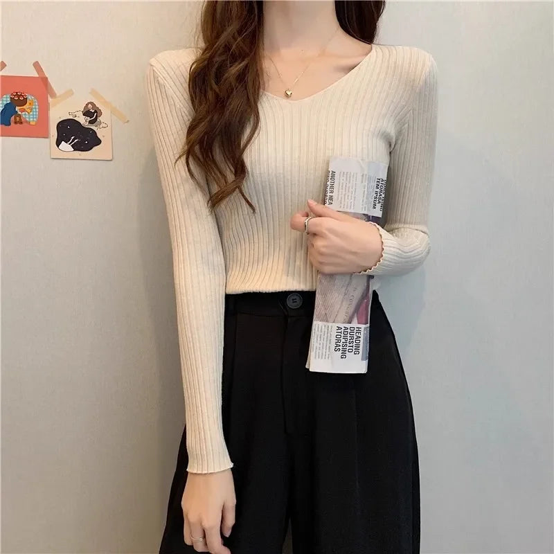 2025 einfarbig Schlank Pullover Koreanische Herbst Winter V-ausschnitt Pullover Mode Lässig Langarm Gestrickte Pullover Frauen Kleidung