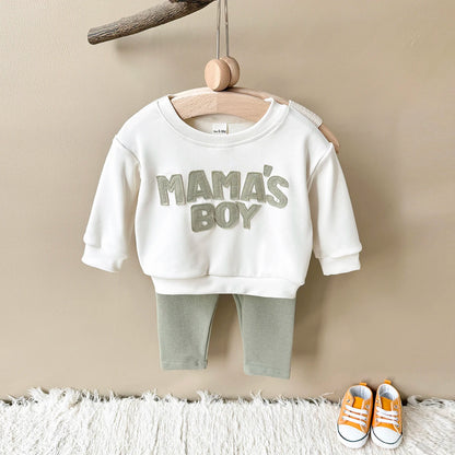 2025 Baby Jungen Kleidung MAMA'S JUNGE Sets Herbst Baby Mädchen Kleinkind Outfit Sweatshirt Top Hosen 2 Stücke Langarm Winter warme Säuglingsanzug.
