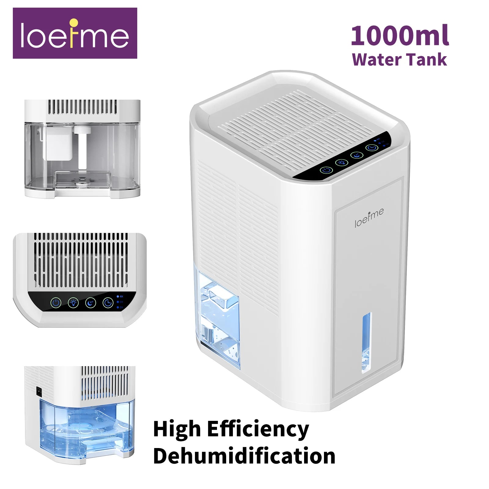 LOEFME 1000ml Portable Dehumidifier for Home Bedroom Office Kitchen Portable Dehumidifier Silent Auto Shut Off 7 Colorful LED.