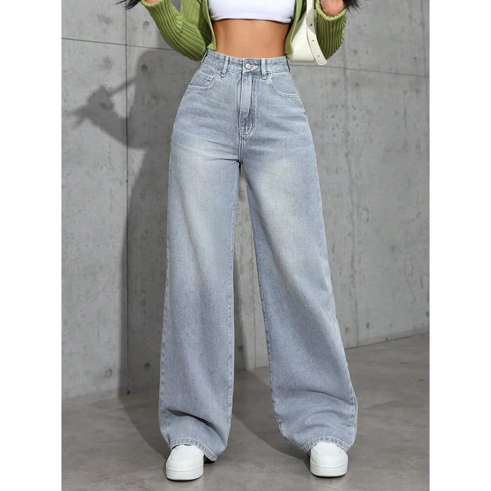 Denim Wide Leg Pants Women Jeans High Waist Straight Trousers Distressed Washed Pockets 2025 Loose Floor Length Streetwear.