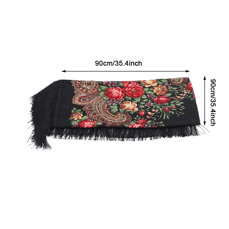 Women Luxury Floral Printed Russian Scarf Ukrainian Fringed Square Scarves Babushka Handkerchief Head Wraps Travel Shawl.