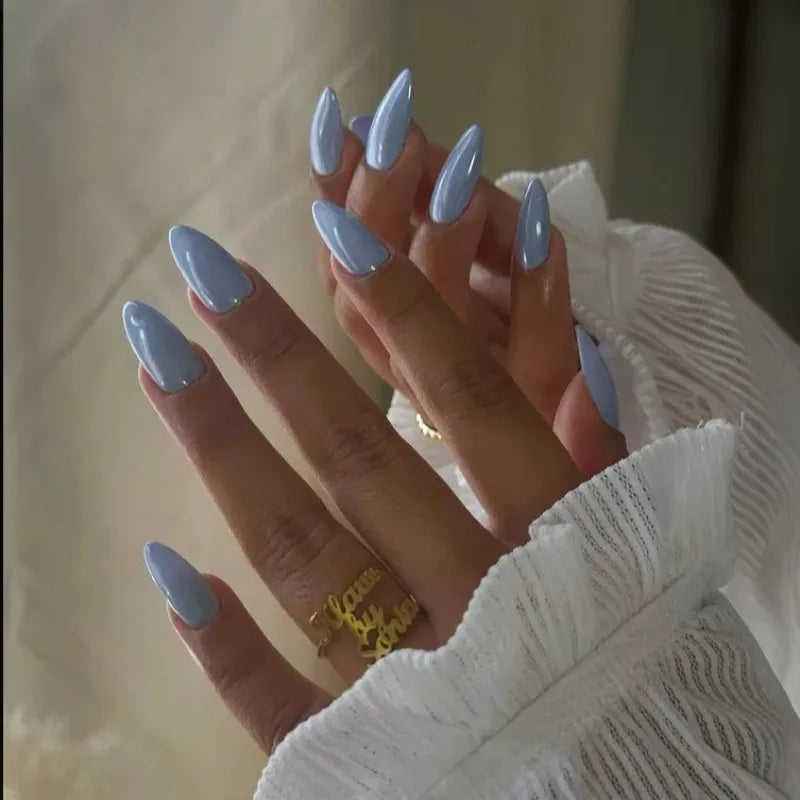 24pcs Blue Glossy Almond Press on Nails Long Girls Reusable Adhesive Artificial False Nails Cheap Acrylic Full Cover Nail Tips.