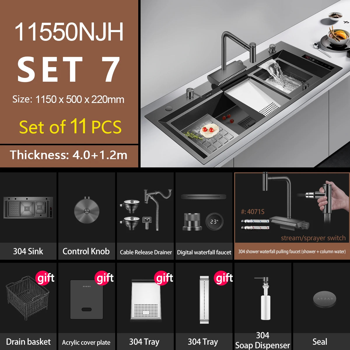 ASRAS high-quality 304 stainless steel multifunctional kitchen sink intelligent food purification large-sized sink nano gray