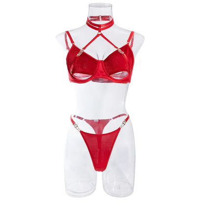 Cut Out Bra and Brief Velvet Erotic Set Women 2-Piece Halter Underwear Patchwork Thong Intimates Sexy Lingerie Pornos Suit Latex