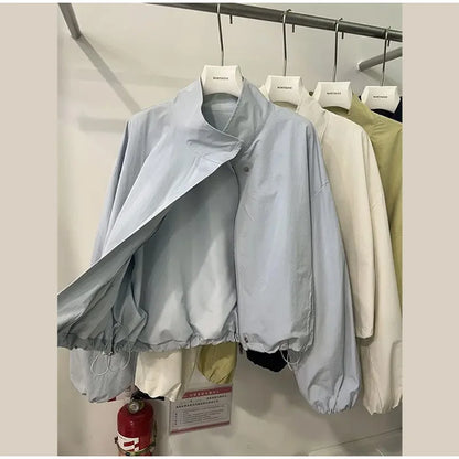 Straße Solide Zipper Dünne Jacke Frauen Stehen Kragen Volle Hülse Kordelzug Straße Jacken 2025, Herbst Dame Casual Outwears Neue.