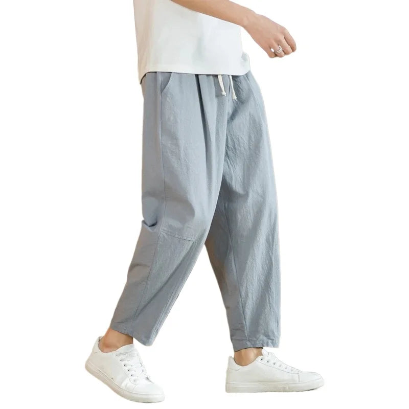 New Cotton Linen Mens Pants Casual Solid Color Breathable Streetwear Loose Straight Drawstring Baggy Lightweight Sport Pants.
