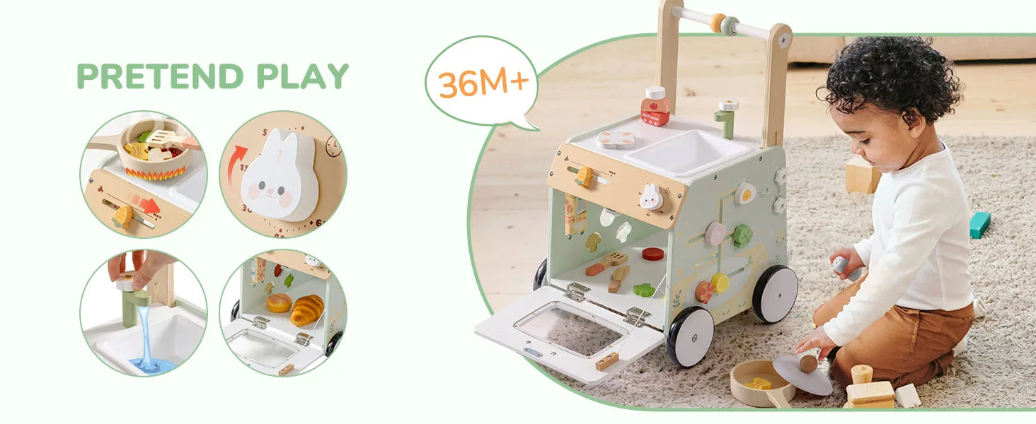 ROBUD Wooden Baby Push Walker Learning Walking Toys Adjustable Height Walker with Decelerator Montessori Toys for Baby age 1+.