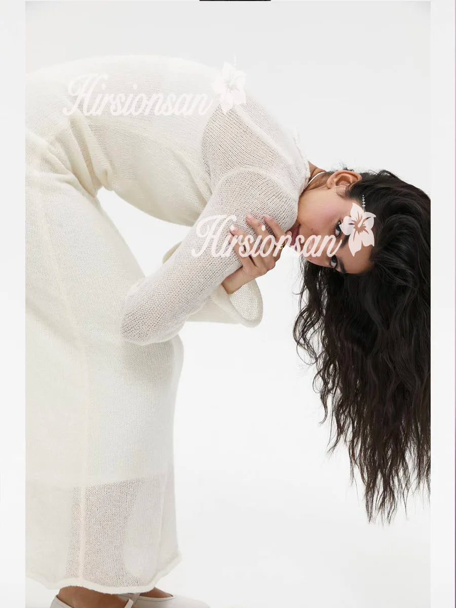 Hirsionsan Frühling Herbst Oansatz Elastische Stricken Lange Kleider Frauen 2024 Elegante Chic Weiche Dame Aushöhlung Pullover Kleider Femme Neue