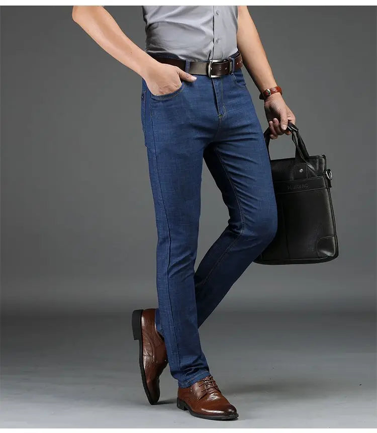 Classic Straight Men's Jeans Fitted Comfortable Elastic Business Casual Denim Pants Korean Fashion  Autumn Casual Trousers.