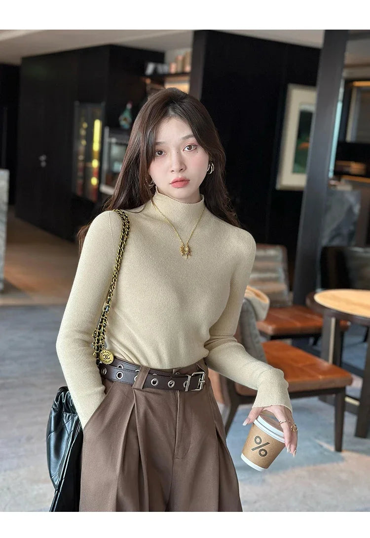 Herbst Winter Pullover Pullover Bodenbildung Shirt Frauen Gestrickte Shirts Weibliche Lange Hülse Mock Neck Elastische Dünne Pullover Stricken Tops.