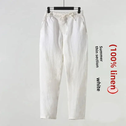Casual Men's Linen Pants Loose Fit Cotton Linen 3/4 Length Pants Chinese Style Men's Material