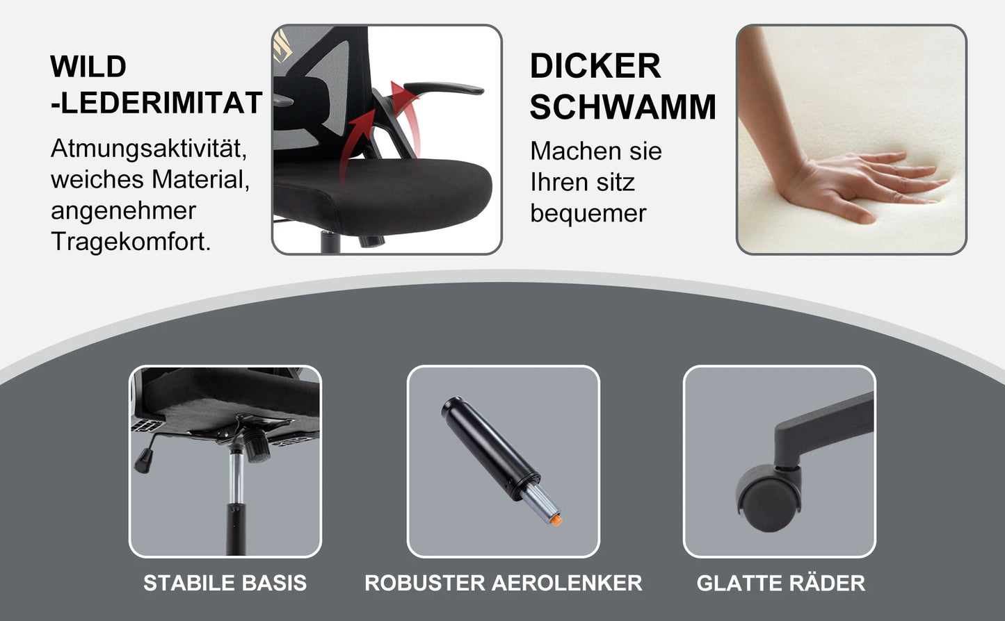 Symino Bürostuhl mit verstellbarer Kopfstütze, Armlehnen, Lordosenstütze, ergonomischer Bürostuhl, drehbarer Wippfunktion