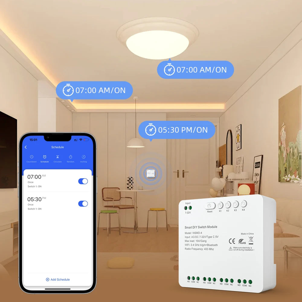 AVATTO Tuya WiFi 4-Kanal-Schaltmodul, 7–32 V/85–250 V RF433 Fernbedienungsrelais-DIY-Modul, funktioniert mit Alexa, Google Home, Alice.