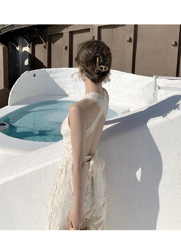 Women Beige Elegant Backless Pleated Lace Jumpsuit Summer V Neck Sleeveless High Waist Wide Leg Long Pant Rompers Sexy Club Chic.